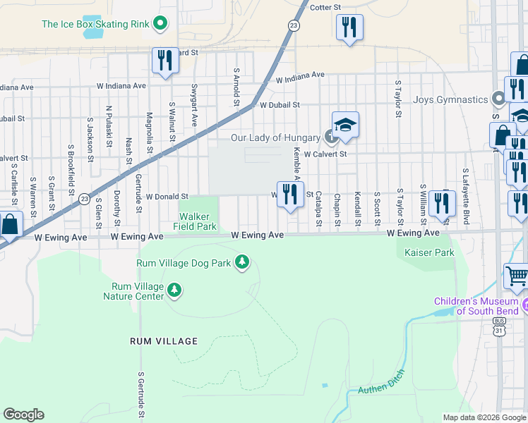 map of restaurants, bars, coffee shops, grocery stores, and more near 2101 South Douglas Street in South Bend