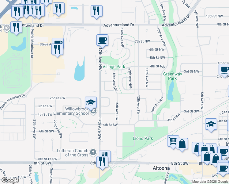 map of restaurants, bars, coffee shops, grocery stores, and more near 1505 Bennetts Way Northwest in Altoona