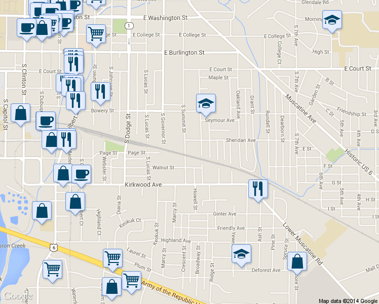 map of restaurants, bars, coffee shops, grocery stores, and more near 818 South Summit Street in Iowa City