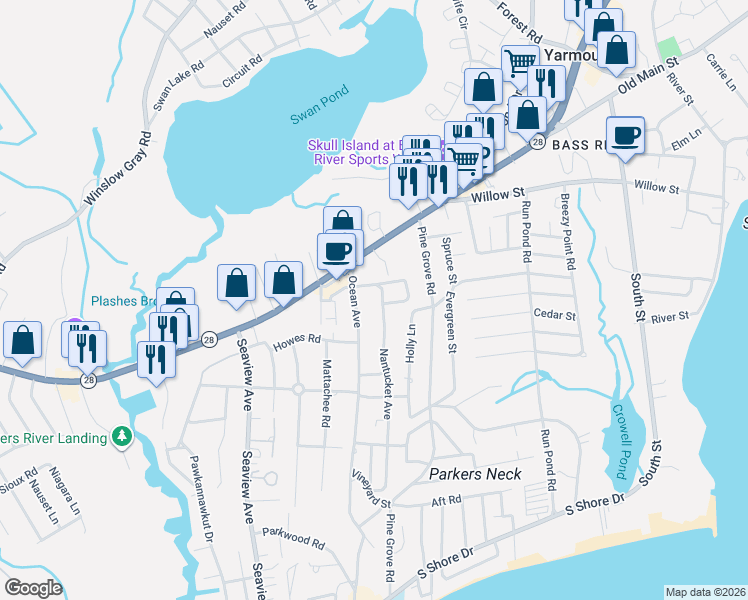map of restaurants, bars, coffee shops, grocery stores, and more near 9a Bannister Lane in Yarmouth
