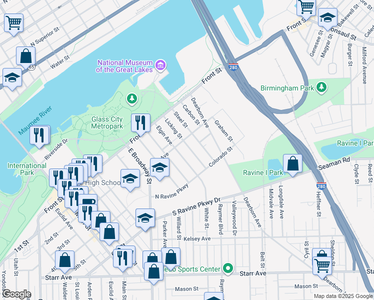 map of restaurants, bars, coffee shops, grocery stores, and more near 213 Licking Street in Toledo