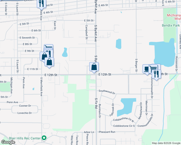 map of restaurants, bars, coffee shops, grocery stores, and more near 1309 East 11th Street in Mishawaka