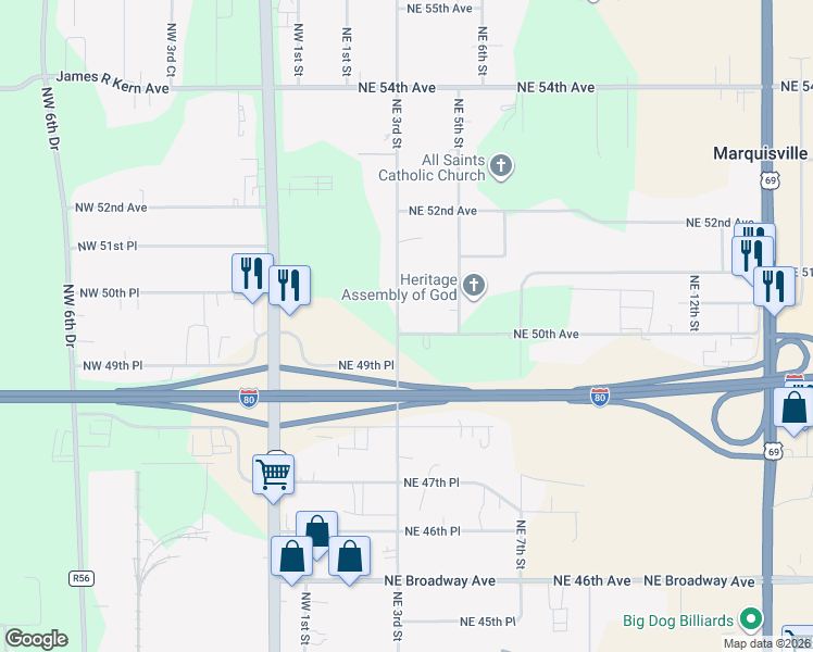 map of restaurants, bars, coffee shops, grocery stores, and more near 330 Northeast 50th Avenue in Des Moines