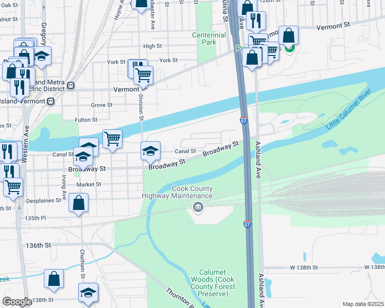 map of restaurants, bars, coffee shops, grocery stores, and more near 1805 Canal Street in Blue Island