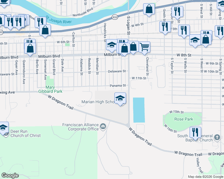 map of restaurants, bars, coffee shops, grocery stores, and more near 1500-1548 Panama Street in Mishawaka