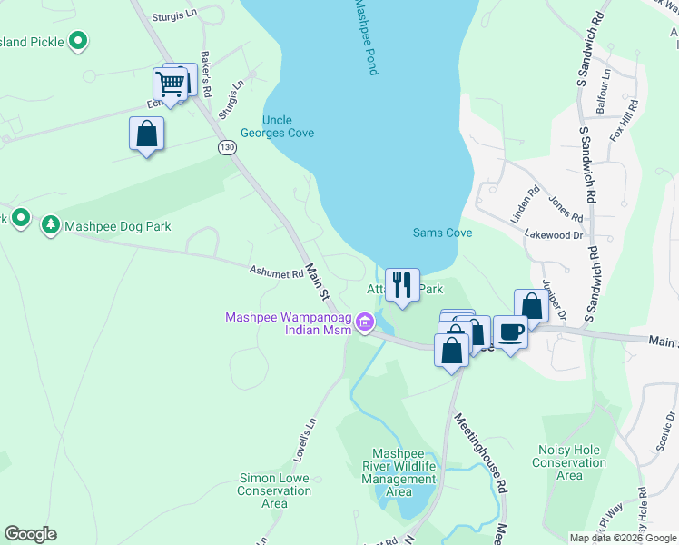 map of restaurants, bars, coffee shops, grocery stores, and more near 60 Redwood Circle in Mashpee