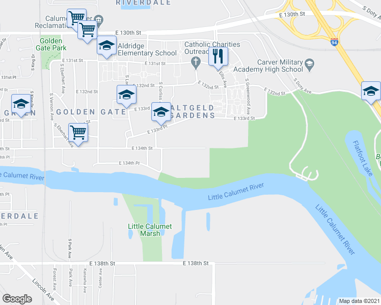 map of restaurants, bars, coffee shops, grocery stores, and more near 911 East 134th Street in Chicago