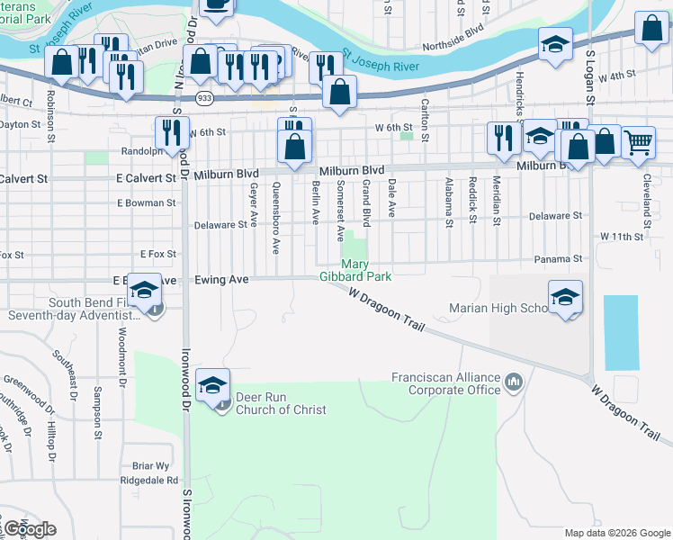 map of restaurants, bars, coffee shops, grocery stores, and more near 1024 Somerset Avenue in Mishawaka