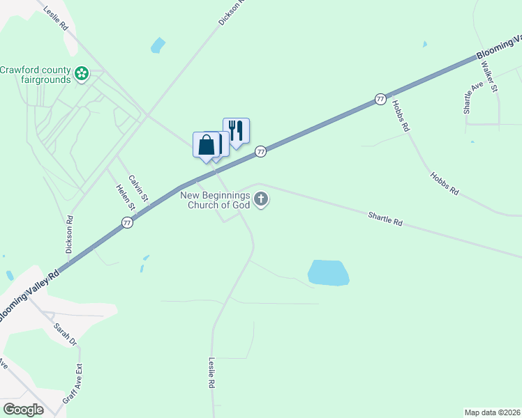 map of restaurants, bars, coffee shops, grocery stores, and more near 13226 Leslie Road in Meadville