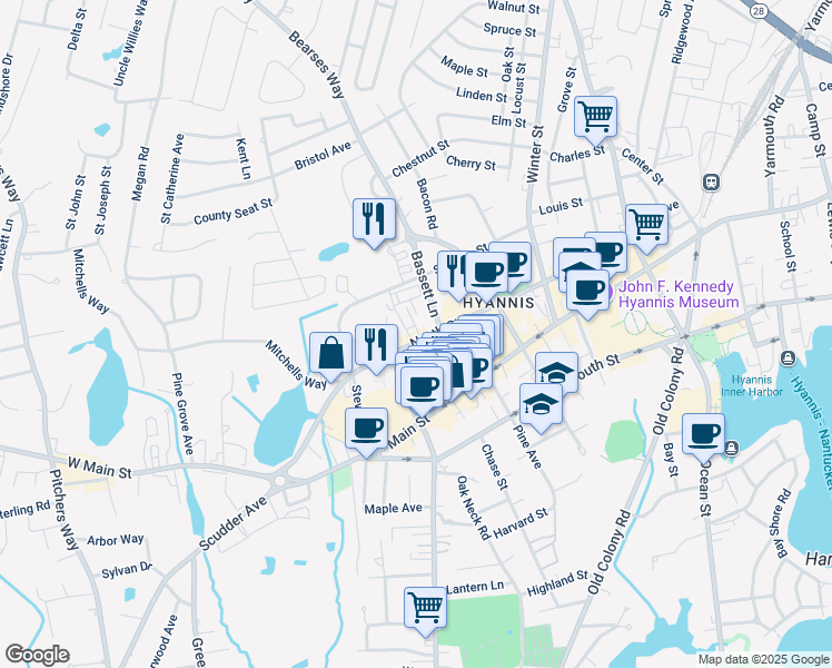 map of restaurants, bars, coffee shops, grocery stores, and more near 244 North Street in Barnstable