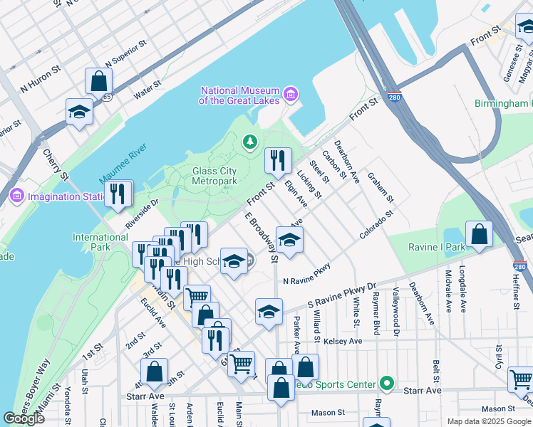 map of restaurants, bars, coffee shops, grocery stores, and more near 126 Worthington Street in Toledo