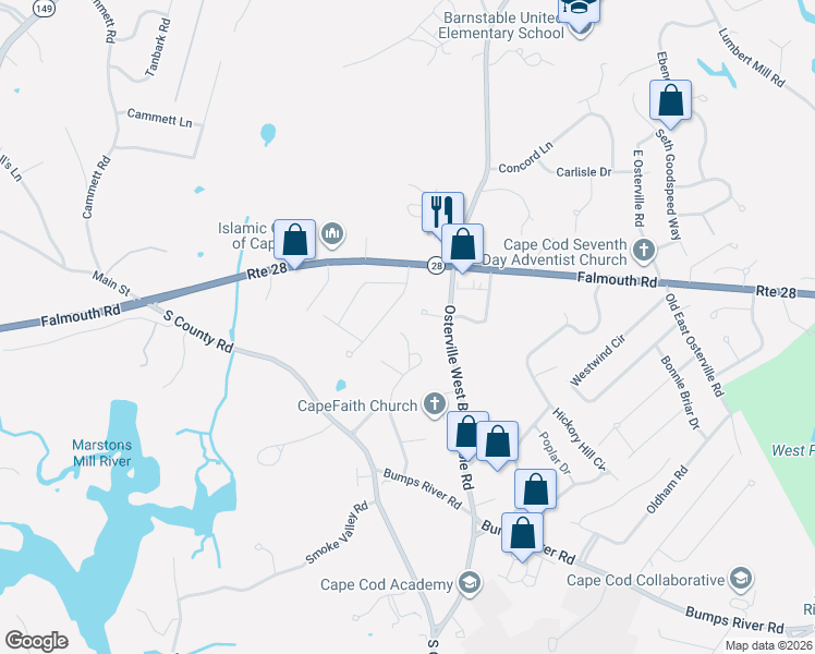 map of restaurants, bars, coffee shops, grocery stores, and more near 33 Bluenose Lane in Barnstable