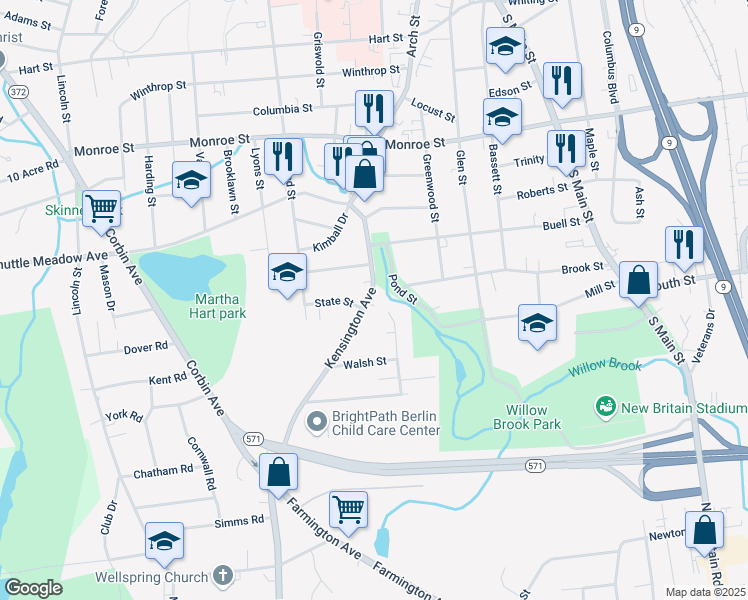 map of restaurants, bars, coffee shops, grocery stores, and more near 101 Kensington Avenue in New Britain