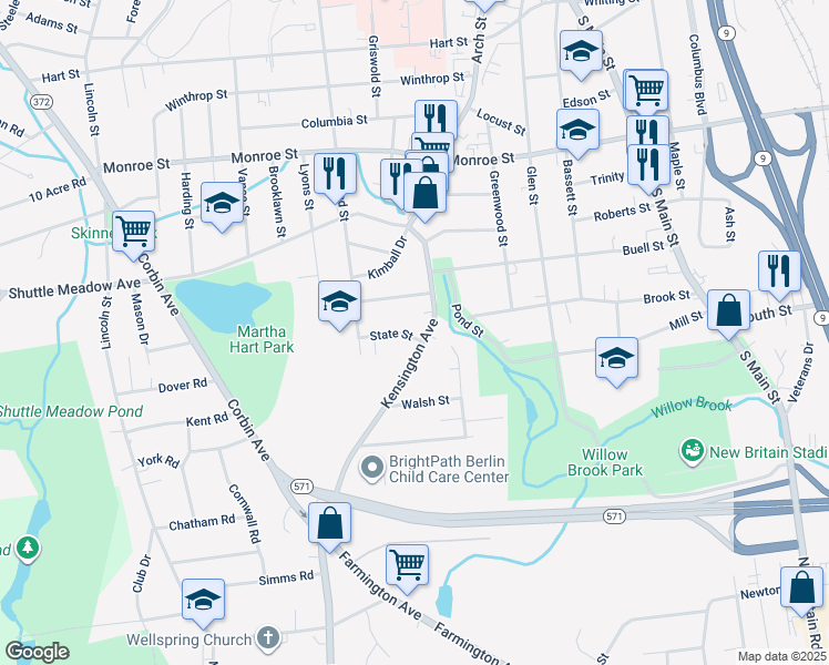 map of restaurants, bars, coffee shops, grocery stores, and more near 29 State Street in New Britain