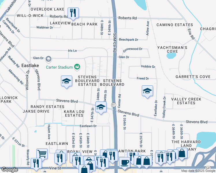 map of restaurants, bars, coffee shops, grocery stores, and more near 990 East 349th Street in Eastlake