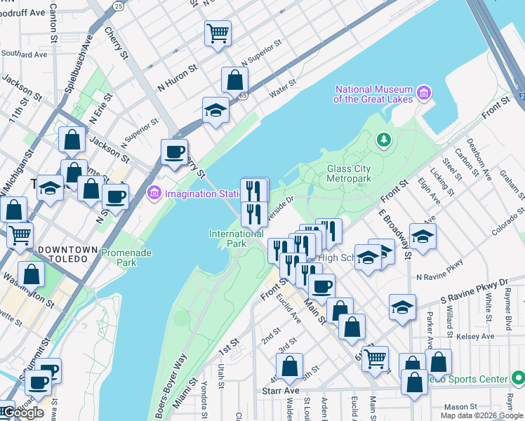map of restaurants, bars, coffee shops, grocery stores, and more near 57 Main Street in Toledo