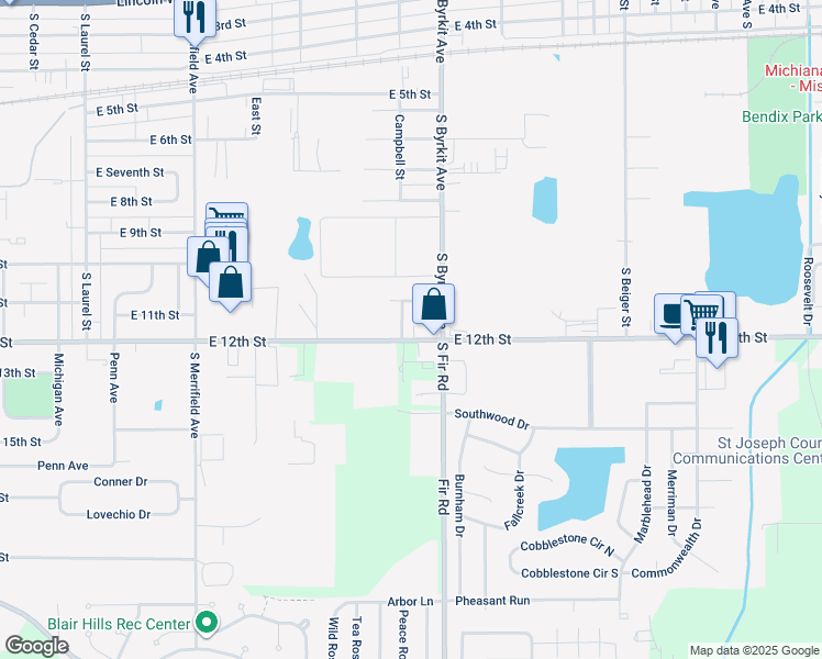 map of restaurants, bars, coffee shops, grocery stores, and more near 1309 East 11th Street in Mishawaka