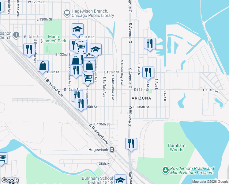 map of restaurants, bars, coffee shops, grocery stores, and more near 13346 South Green Bay Avenue in Chicago