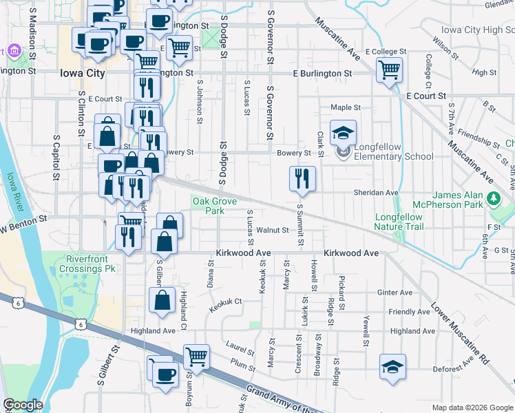 map of restaurants, bars, coffee shops, grocery stores, and more near 658 South Lucas Street in Iowa City