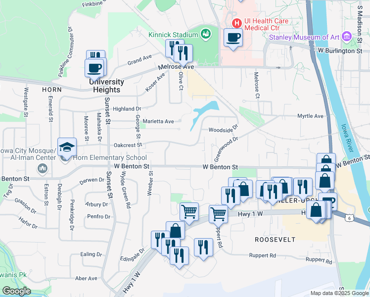 map of restaurants, bars, coffee shops, grocery stores, and more near 1000 Oakcrest Street in Iowa City