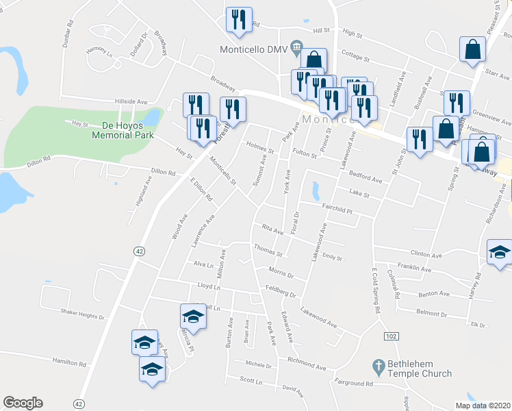 map of restaurants, bars, coffee shops, grocery stores, and more near 0 Monticello Street in Monticello
