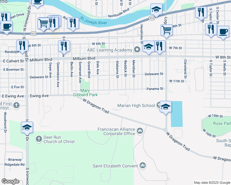 map of restaurants, bars, coffee shops, grocery stores, and more near 1021 Alabama Street in Mishawaka
