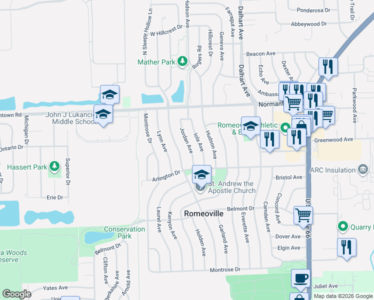 map of restaurants, bars, coffee shops, grocery stores, and more near 617 Jordan Avenue in Romeoville