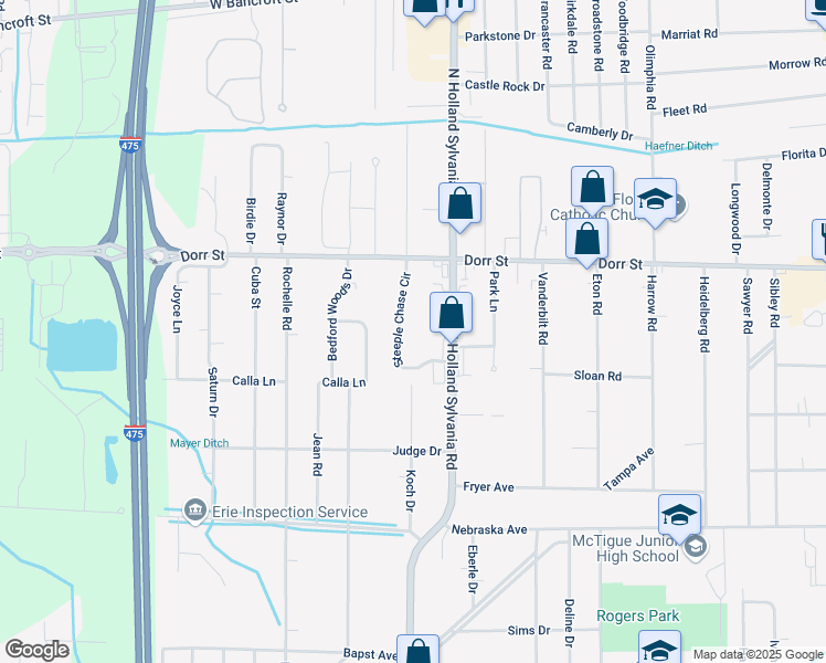 map of restaurants, bars, coffee shops, grocery stores, and more near 1140 Steeple Chase Circle in Toledo