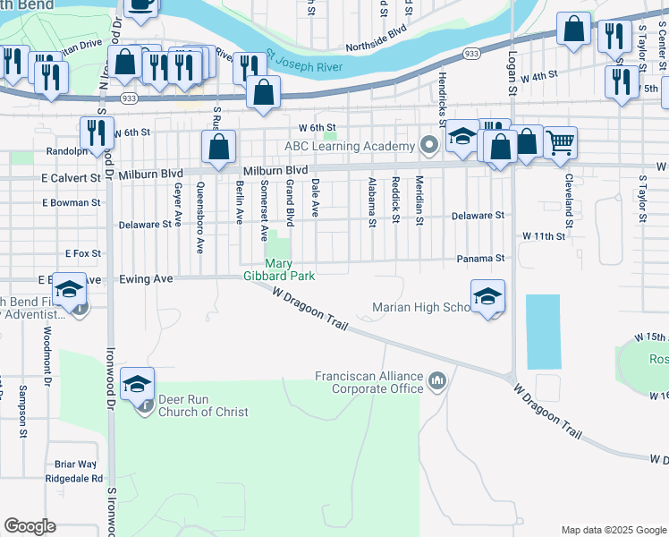 map of restaurants, bars, coffee shops, grocery stores, and more near 2019 Panama Street in Mishawaka