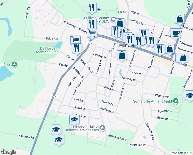 map of restaurants, bars, coffee shops, grocery stores, and more near 9 Monticello Street in Monticello