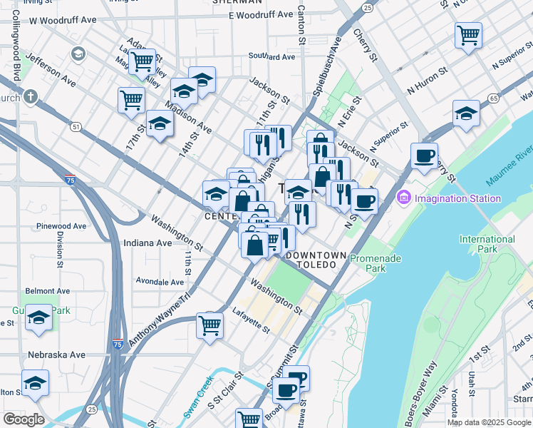 map of restaurants, bars, coffee shops, grocery stores, and more near 715 Jefferson Avenue in Toledo