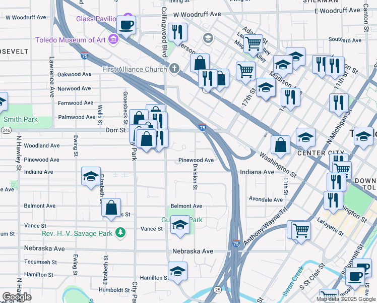 map of restaurants, bars, coffee shops, grocery stores, and more near 413 Woodland Avenue in Toledo