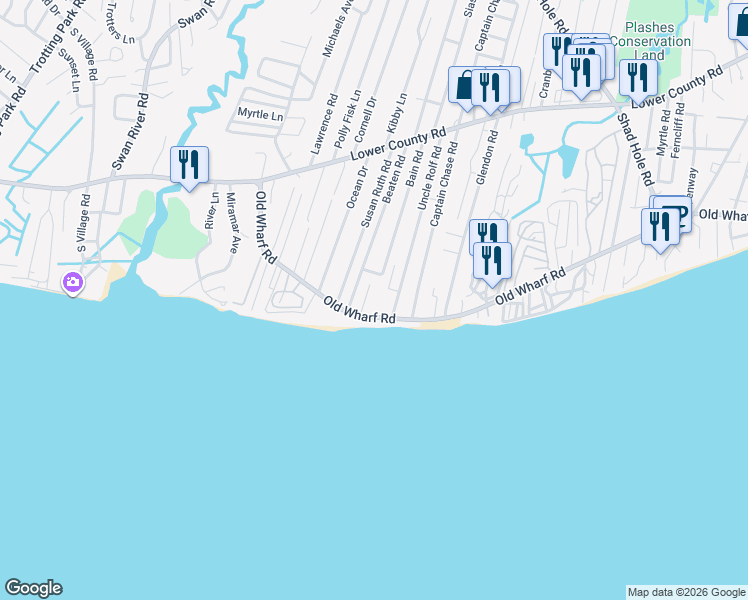 map of restaurants, bars, coffee shops, grocery stores, and more near 79 Bain Road in Dennis