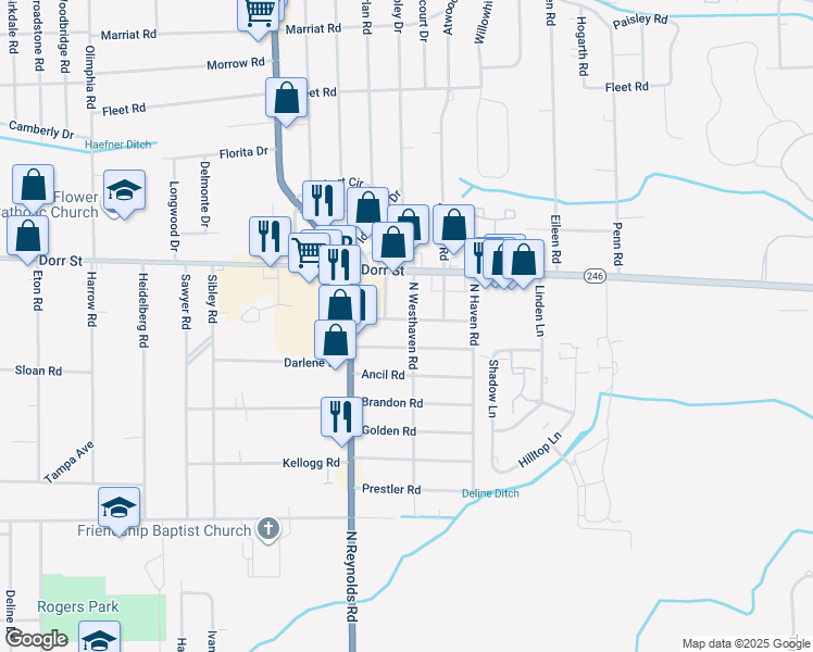 map of restaurants, bars, coffee shops, grocery stores, and more near 1301 North Westhaven Road in Toledo