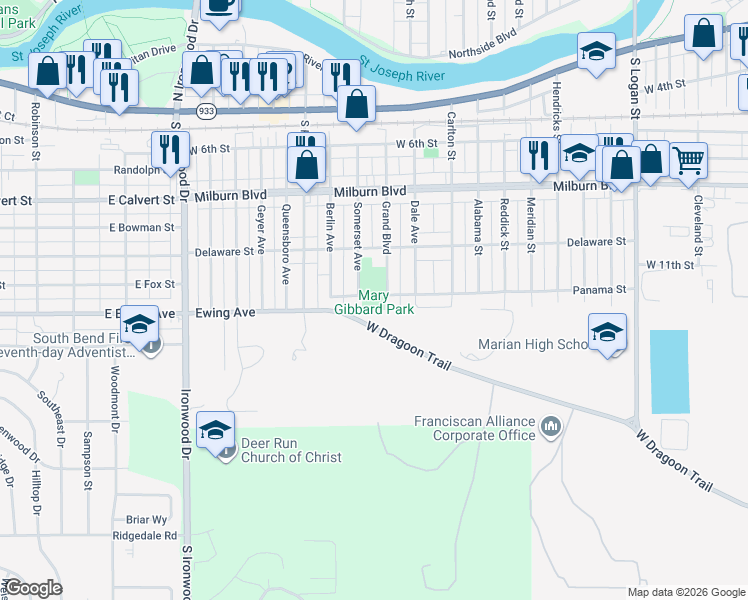 map of restaurants, bars, coffee shops, grocery stores, and more near 1024 Somerset Avenue in Mishawaka