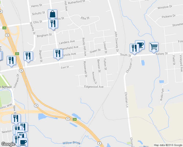 map of restaurants, bars, coffee shops, grocery stores, and more near 70 Kennedy Drive in New Britain