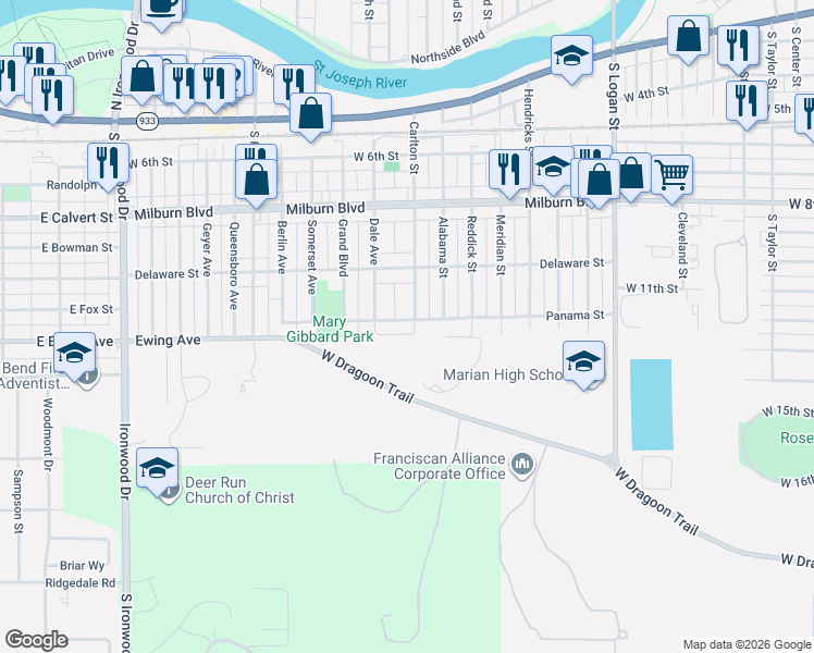 map of restaurants, bars, coffee shops, grocery stores, and more near 1019 Carlton Street in Mishawaka