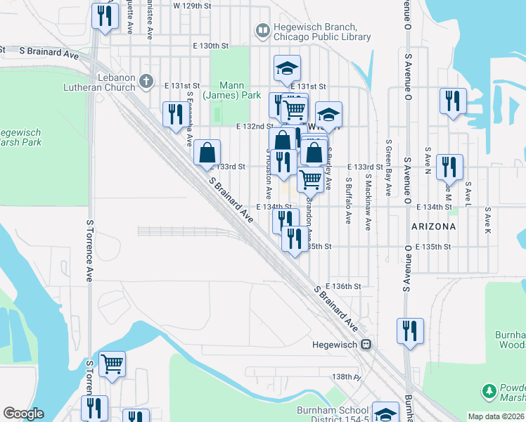 map of restaurants, bars, coffee shops, grocery stores, and more near 13355 South Carondolet Avenue in Chicago