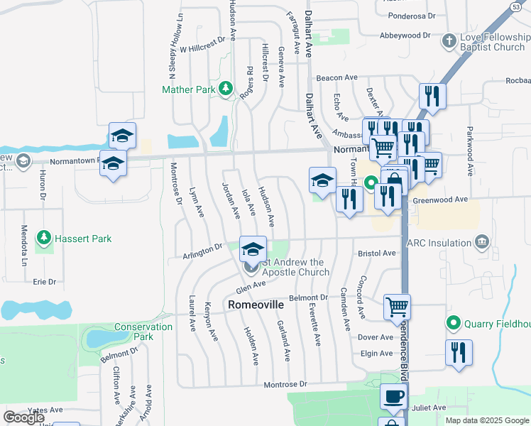 map of restaurants, bars, coffee shops, grocery stores, and more near 616 Hudson Avenue in Romeoville
