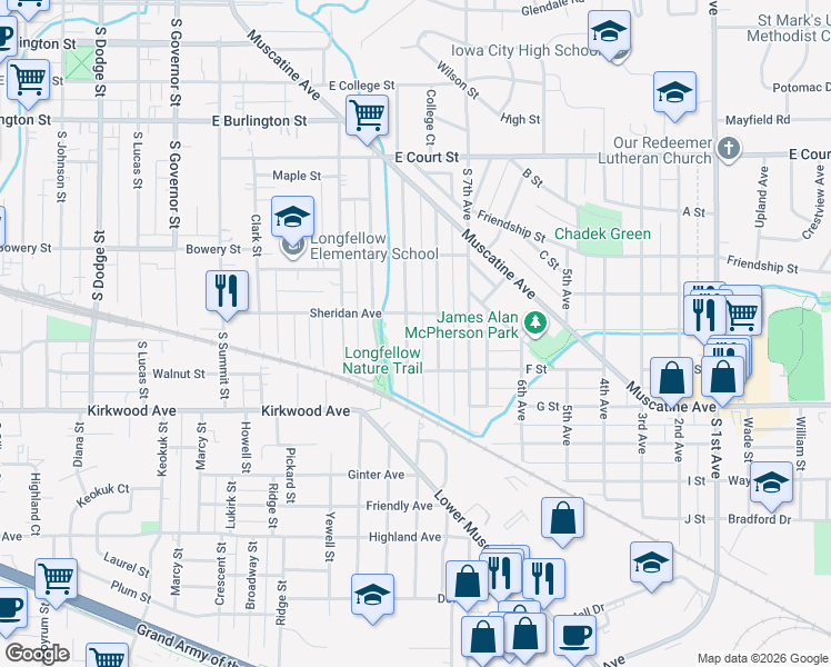 map of restaurants, bars, coffee shops, grocery stores, and more near 1503 Sheridan Avenue in Iowa City