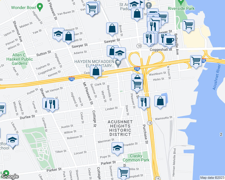 map of restaurants, bars, coffee shops, grocery stores, and more near 20 Lafrance Court in New Bedford