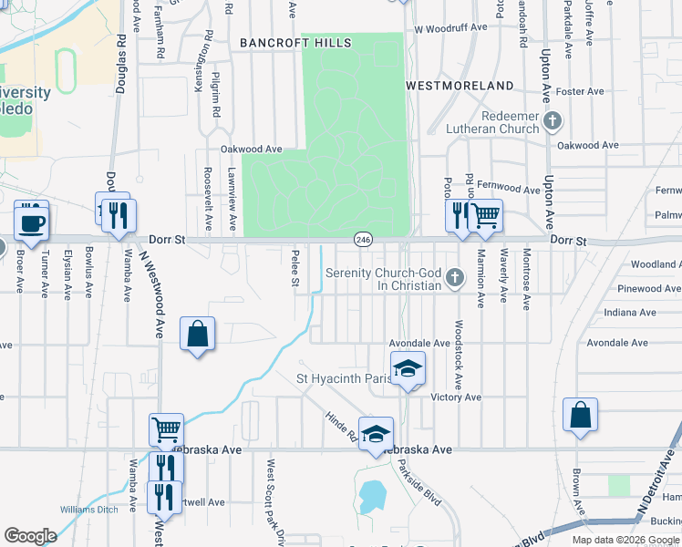map of restaurants, bars, coffee shops, grocery stores, and more near 1124 Alldays Avenue in Toledo