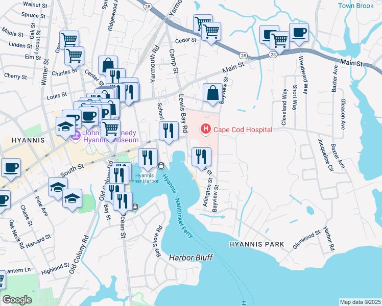 map of restaurants, bars, coffee shops, grocery stores, and more near 130 Lewis Bay Road in Barnstable