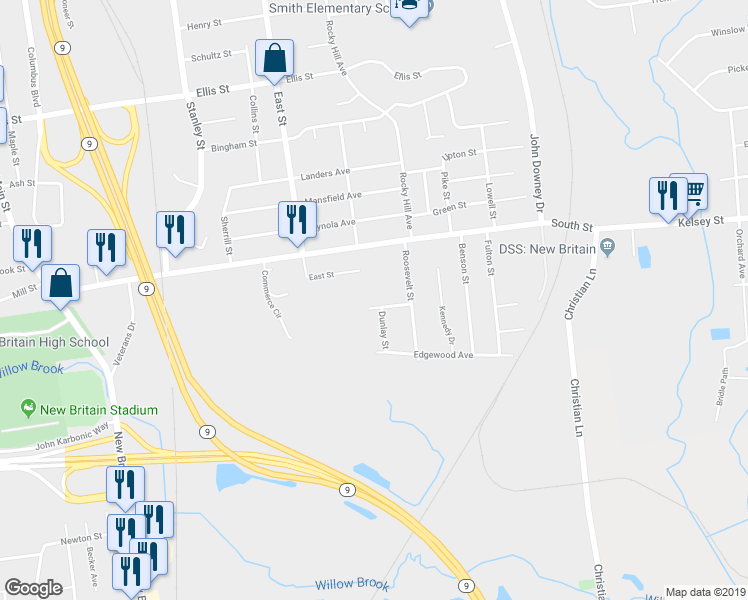 map of restaurants, bars, coffee shops, grocery stores, and more near 39 Crescent Avenue in New Britain