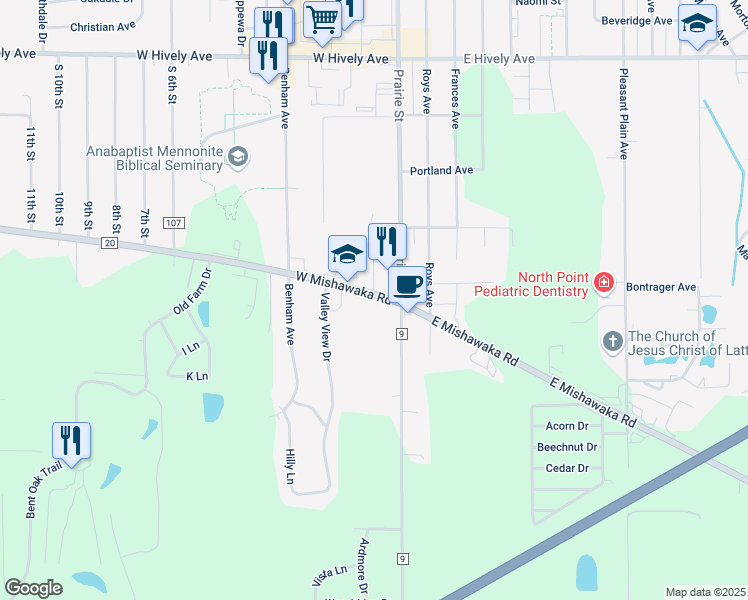 map of restaurants, bars, coffee shops, grocery stores, and more near 138-140 W Mishawaka Rd in Elkhart
