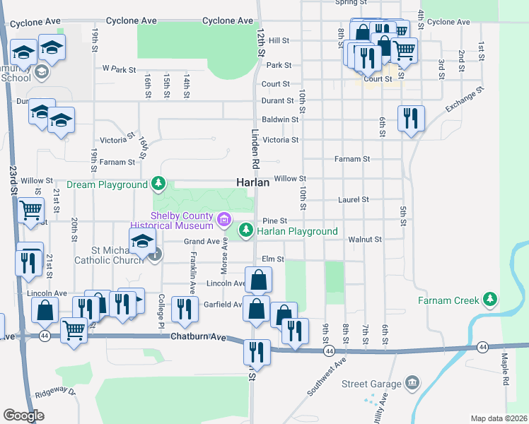 map of restaurants, bars, coffee shops, grocery stores, and more near 1614 12th St in Harlan
