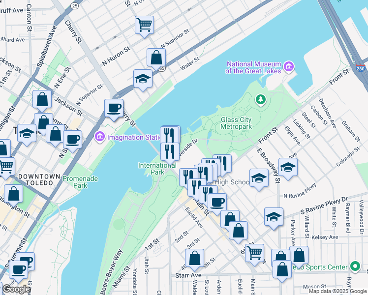 map of restaurants, bars, coffee shops, grocery stores, and more near 57 Main Street in Toledo