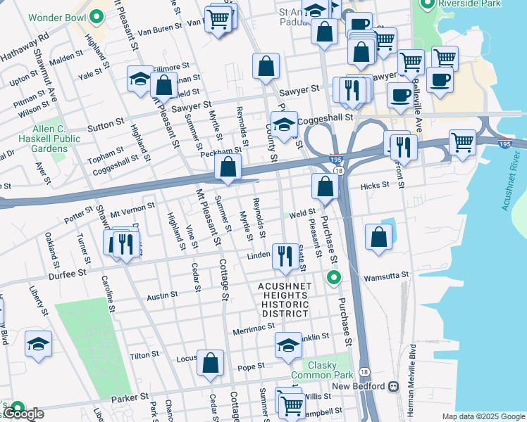 map of restaurants, bars, coffee shops, grocery stores, and more near 56 Reynolds Street in New Bedford