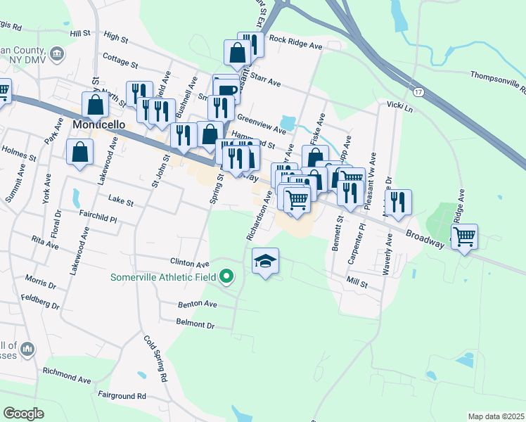map of restaurants, bars, coffee shops, grocery stores, and more near 23 Richardson Avenue in Monticello