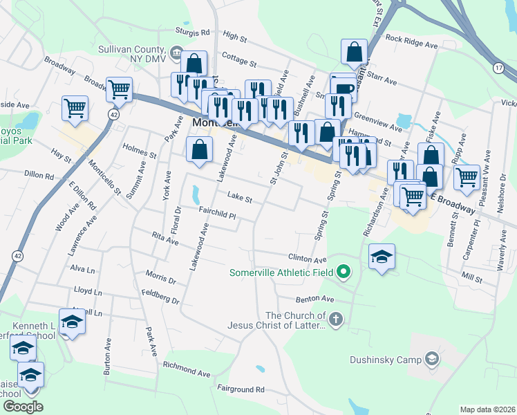 map of restaurants, bars, coffee shops, grocery stores, and more near 7 Roosevelt Place in Monticello